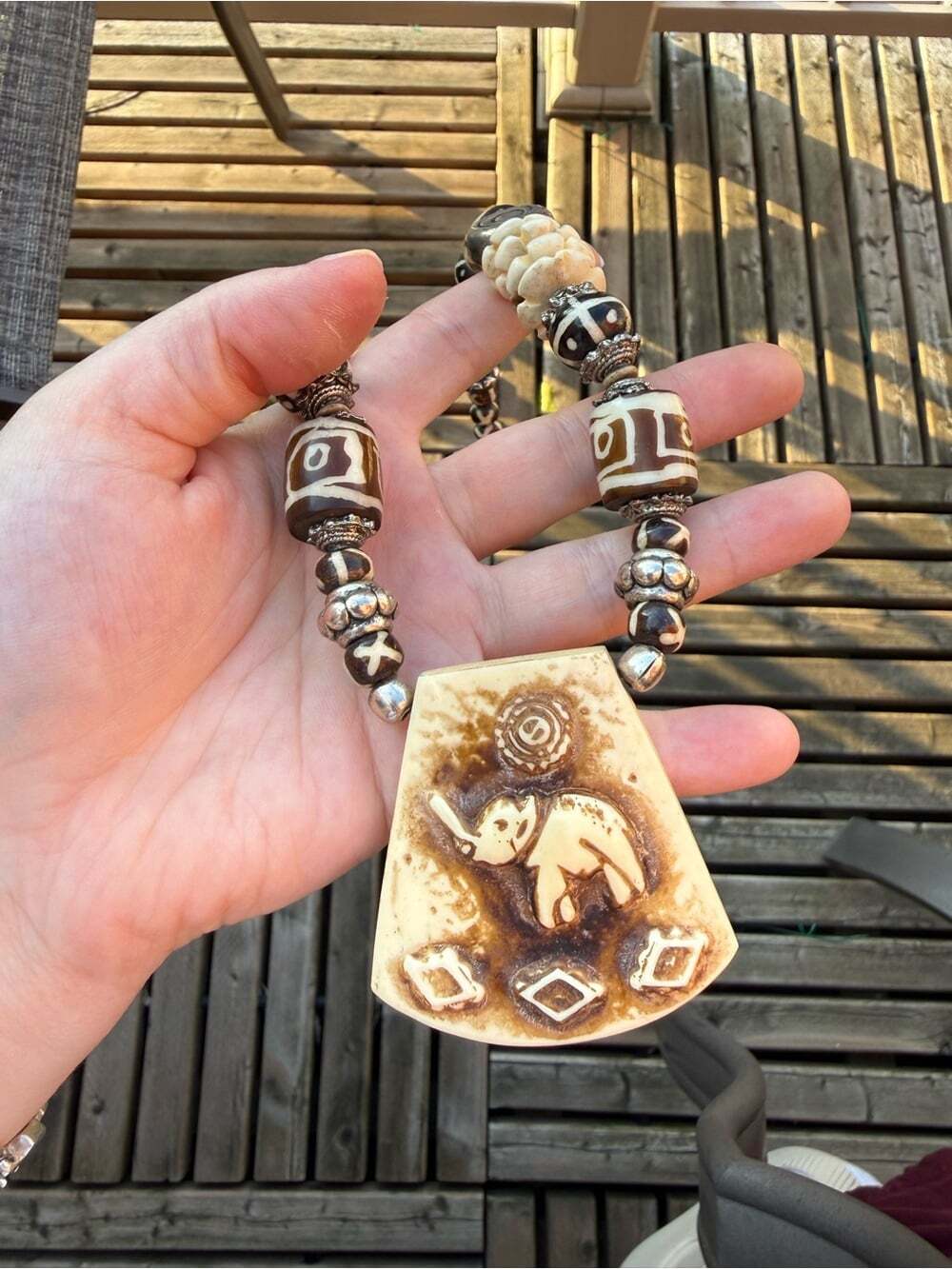Handcrafted Carved Bone Elephant Pendant Necklace & Earrings Set - Picture 4 of 9